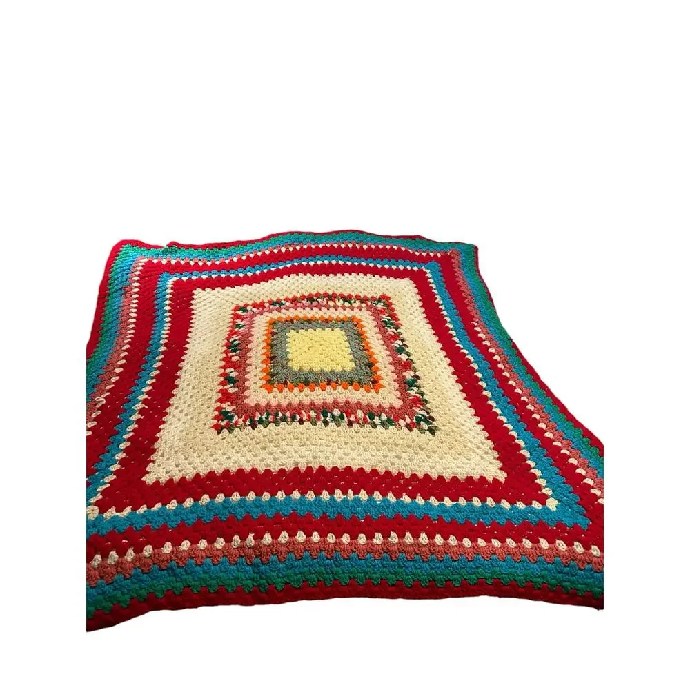 Vtg Crochet Lap Blanket Granny Throw 57”x57”Squares Blocks Multicolor Retro